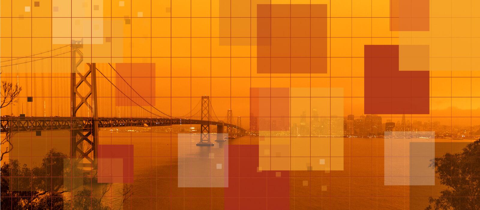 distant view of golden gate bridge with colorful blocks overlay
