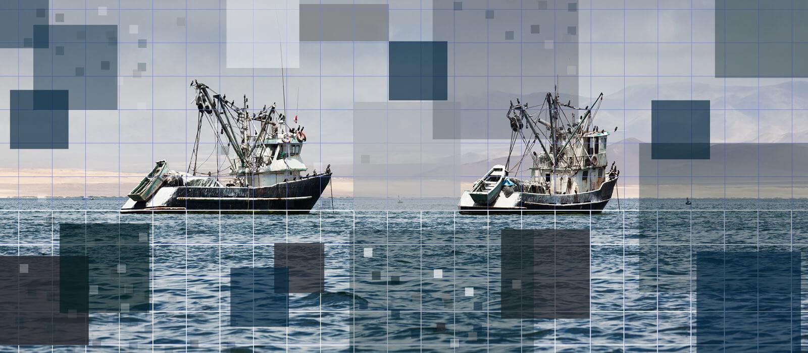 two fishing boats at sea with colorful blocks overlay