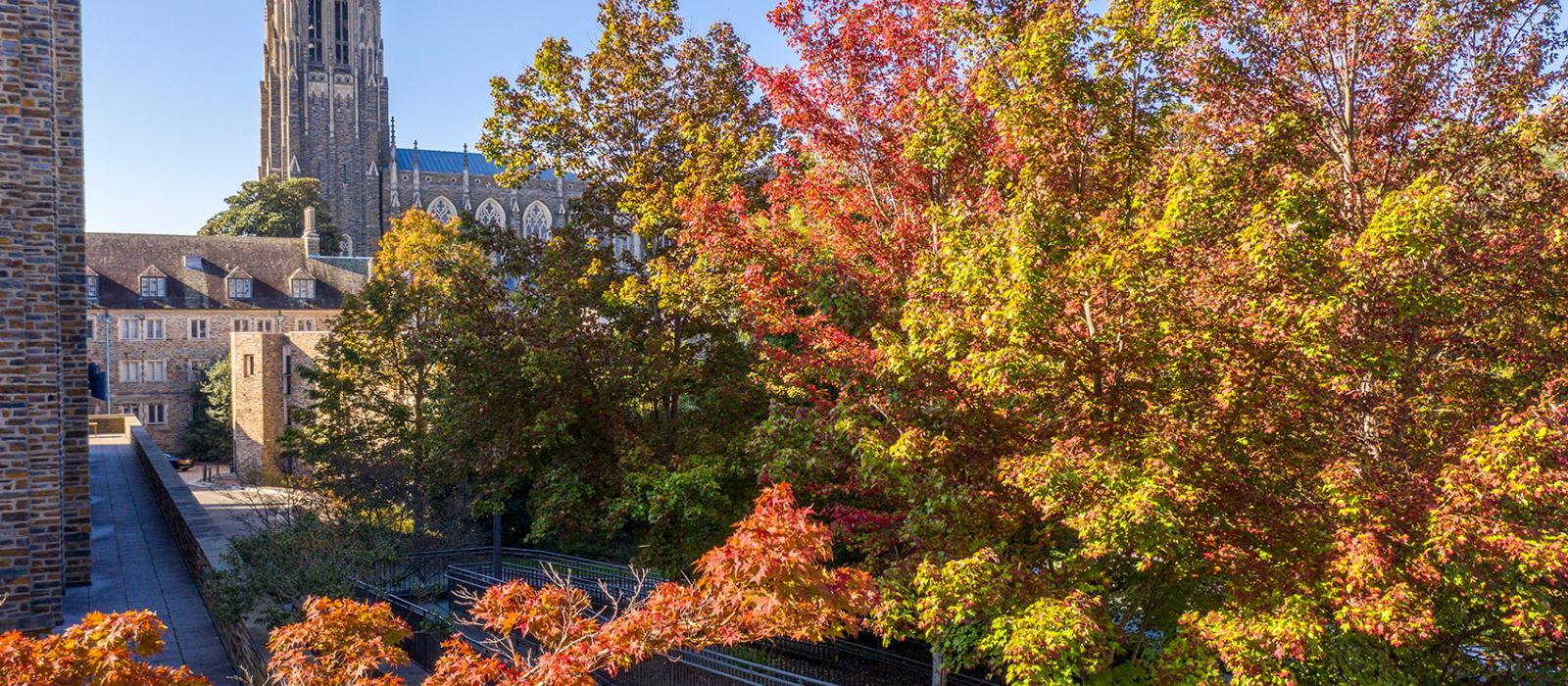 Duke campus aerial view of chapel in autumn