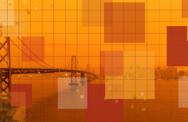 distant view of golden gate bridge with colorful blocks overlay