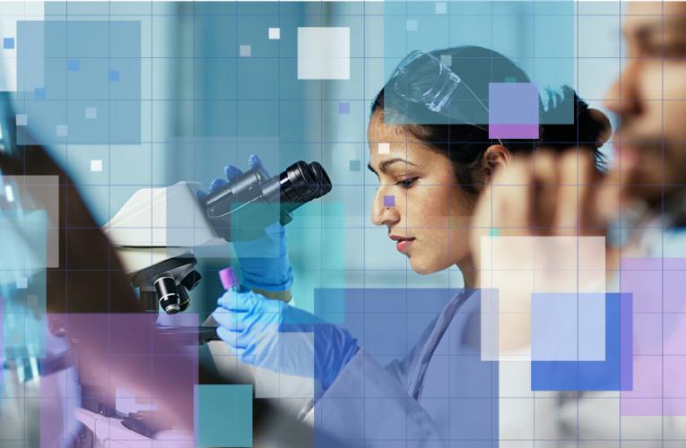 woman and man looking into microscope with colorful blocks overlay