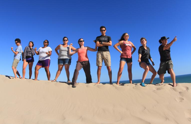 Group of students on sand mound