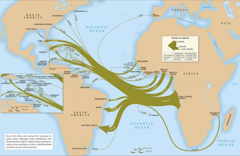 Map of slave-trade voyages across the Atlantic