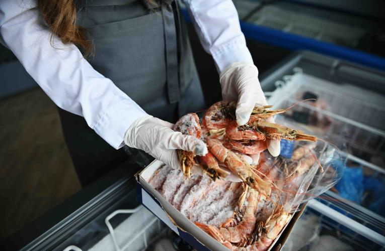 Close-up of hands in rubber gloves of a fishmonger at fish store taking huge frozen king shrimps out of refrigerator full of frozen ocean seafood. High angle view, top view.