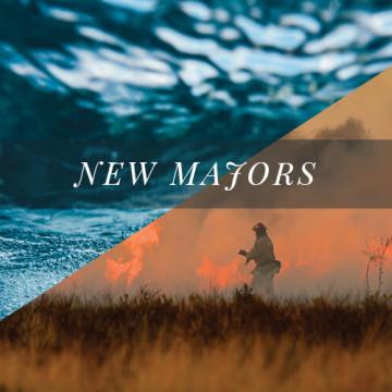 'New Majors' text over photos of ocean and wildfire