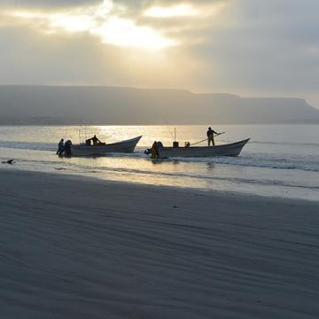 A pair of fishing boats prepares to launch into Mexico’s Gulf of California. 