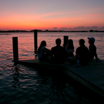 students on dock